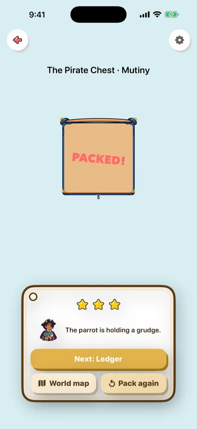 The Pirate Chest, packed, with a three-star result