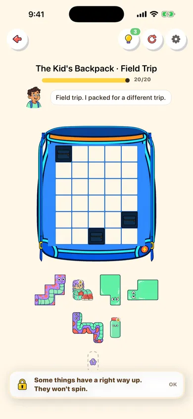 A level inside the Kid’s Backpack with oddly shaped items waiting to be packed